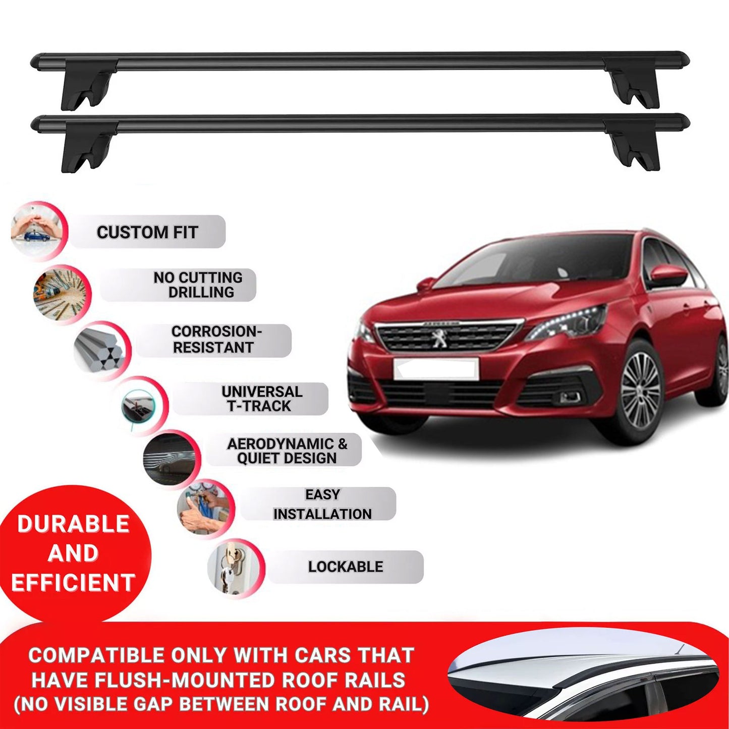 Premium Roof Bars for Peugeot 308 T9 2013-2021 Roof Rack Cross Bars 2 Pcs Black