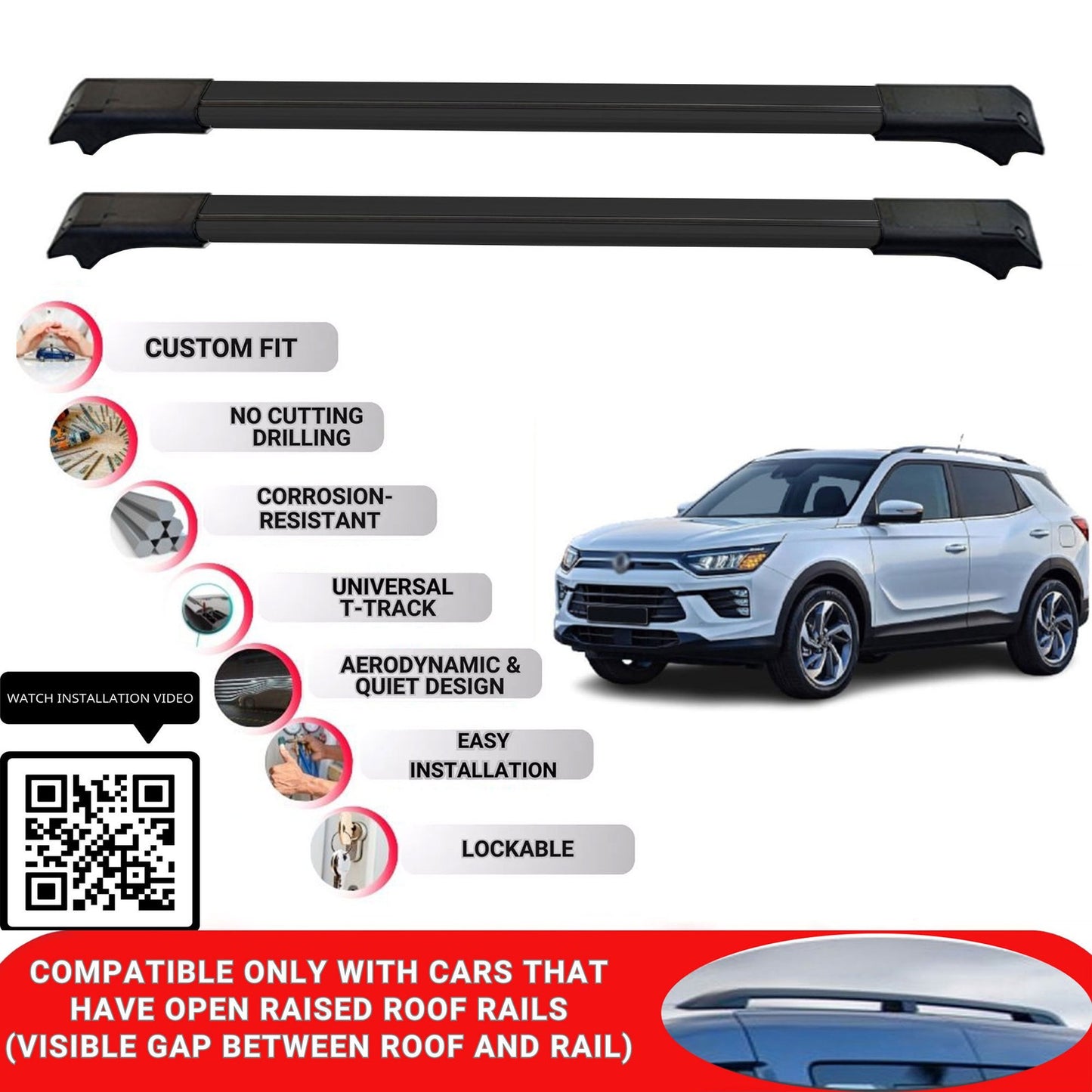 Roof Rack Cross Bars for Ssangyong Korando 2019+ Lockable Roof Bars 2 Pcs Black