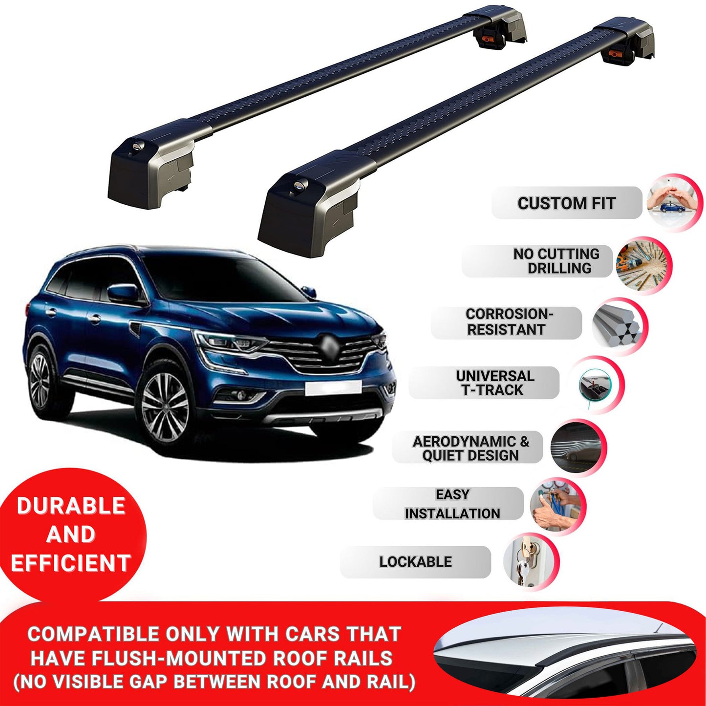 Roof Bars Rack for Renault Koleos 2017+ Lockable Rail Carrier 2 Pcs Black