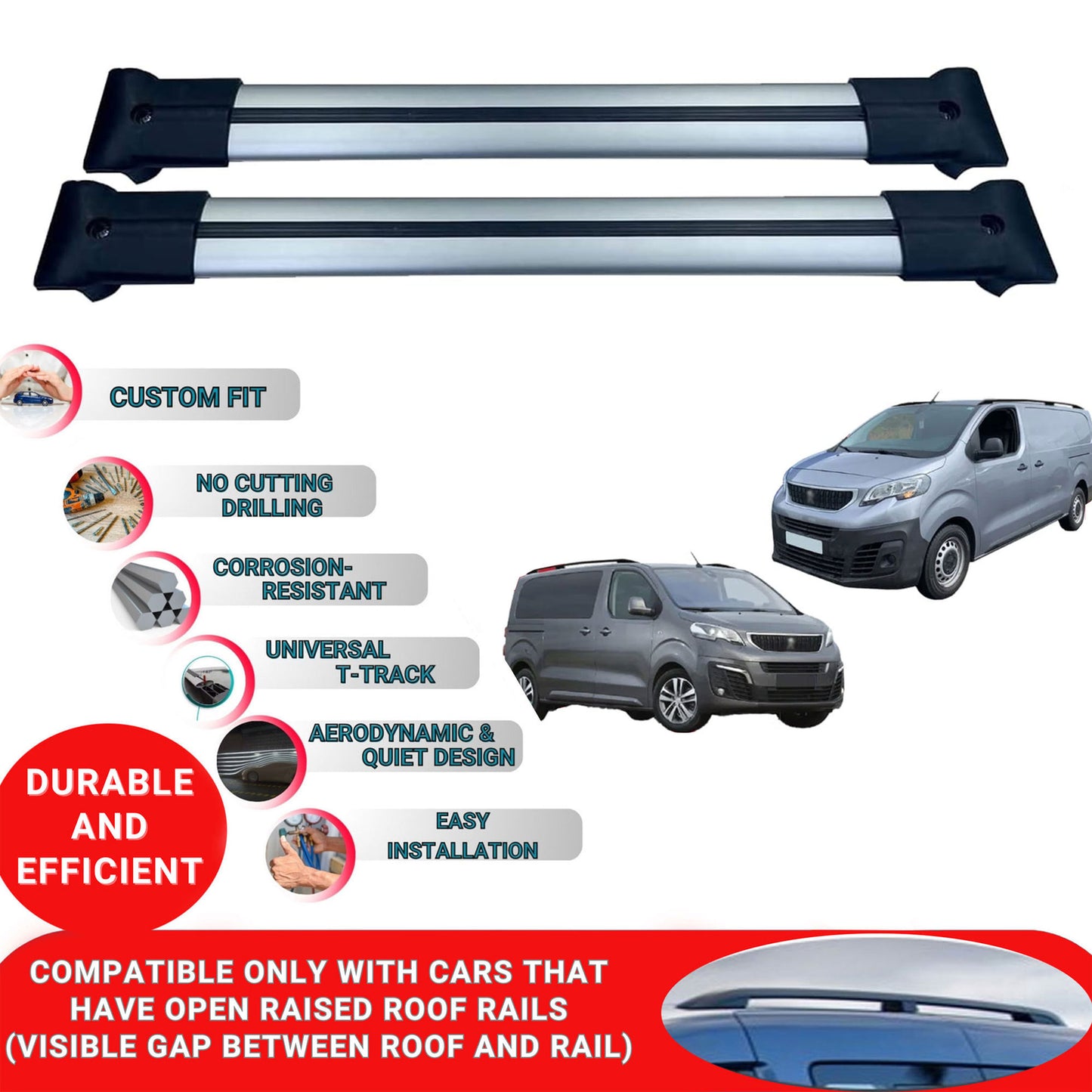 Roof Racks Cross Bars For Expert Traveller Van 2017-2024 2 Pcs Grey
