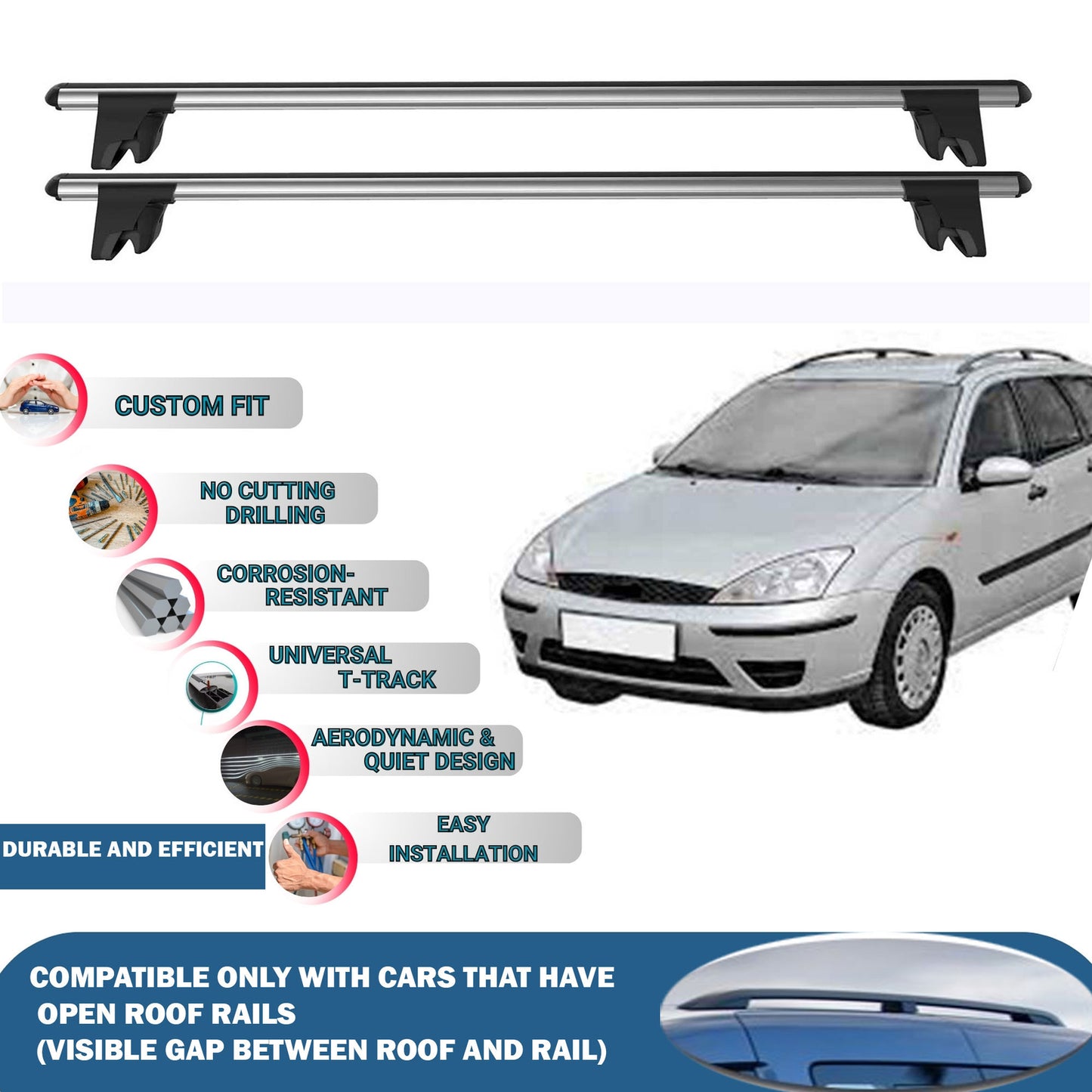 Lockable Roof Rack Cross Bars for Ford Focus Wagon 1999-2005 | Heavy Duty Rail Carrier 2 Pcs Grey