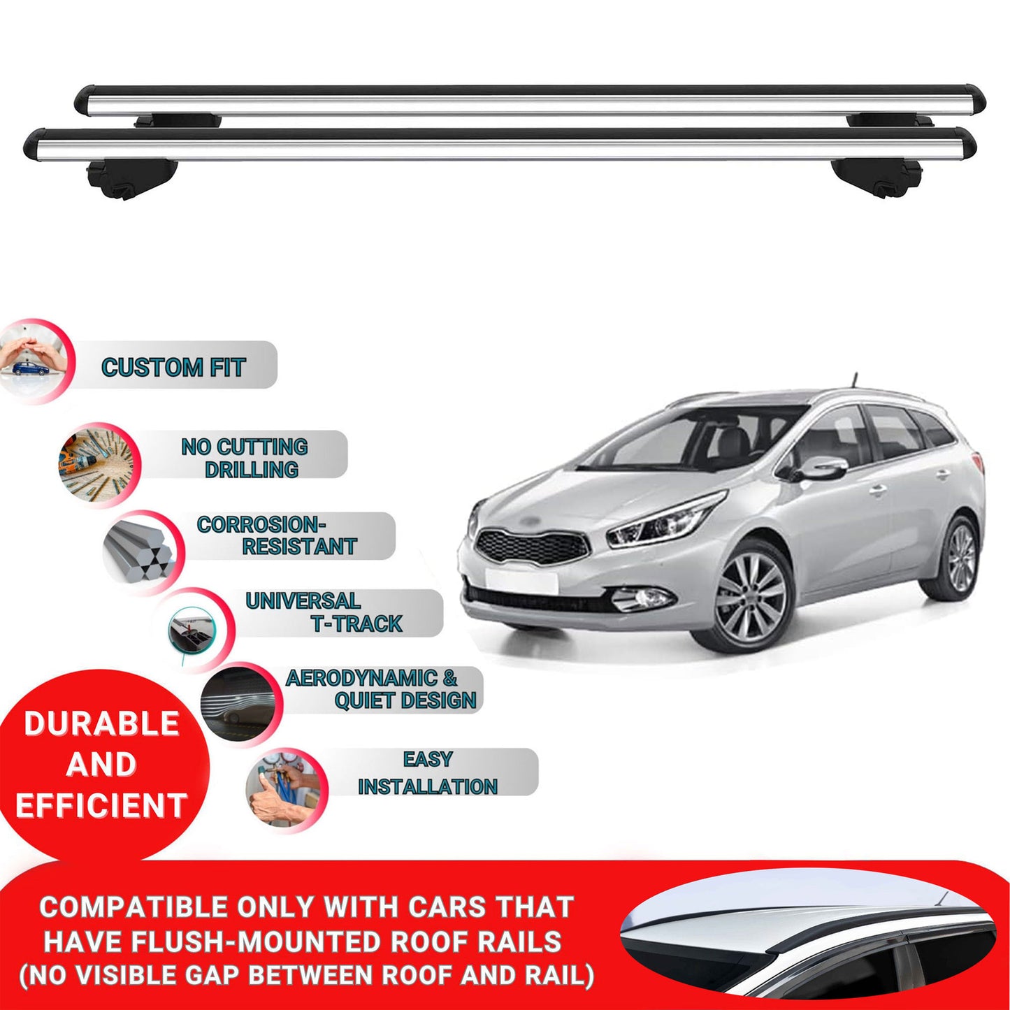 Roof Bars For Kia Cee'D Ceed Estates 2012-2018 Roof Rack Cross Bars 2 Pcs Grey