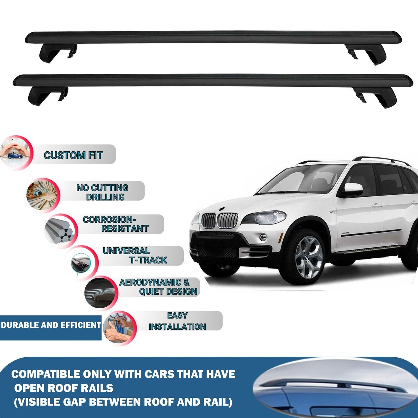 Roof Rack Cross Bars for Bmw X5 2007-2013 Rail Carrier for Roof Tents 2 Pcs Black