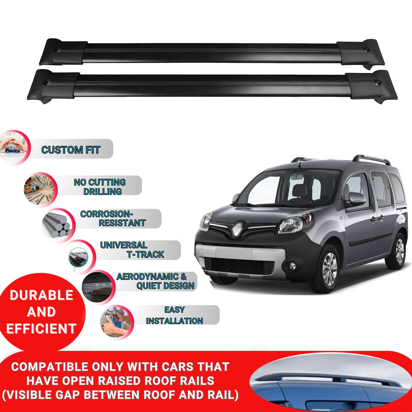 Roof Racks Cross Bars For Renault Kangoo 2008-2021 4 Pcs Black