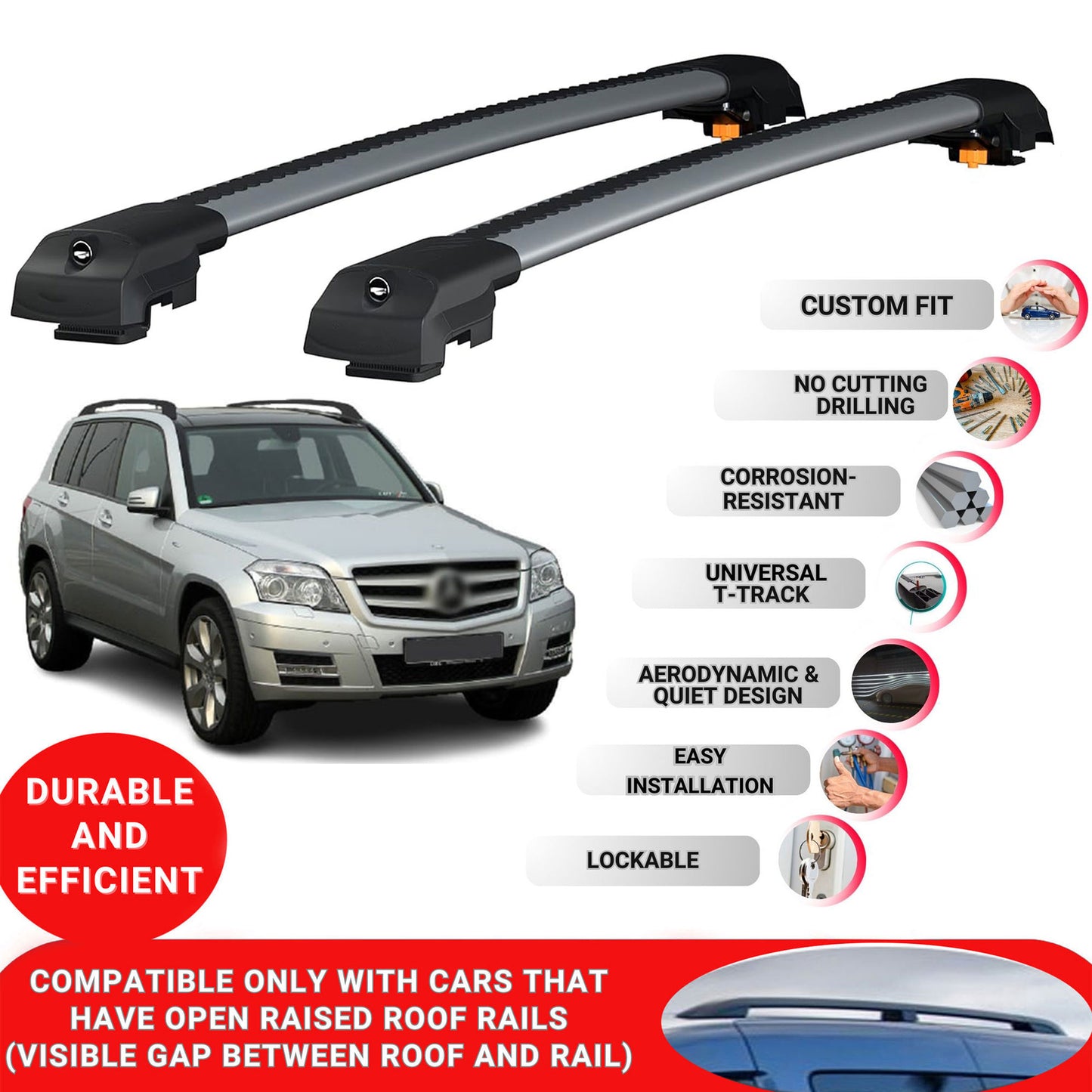 Roof Bar for Mercedes Glk-Class X204 2009-2015 Lockable Roof Rack Cross Bars 2 Pcs Grey