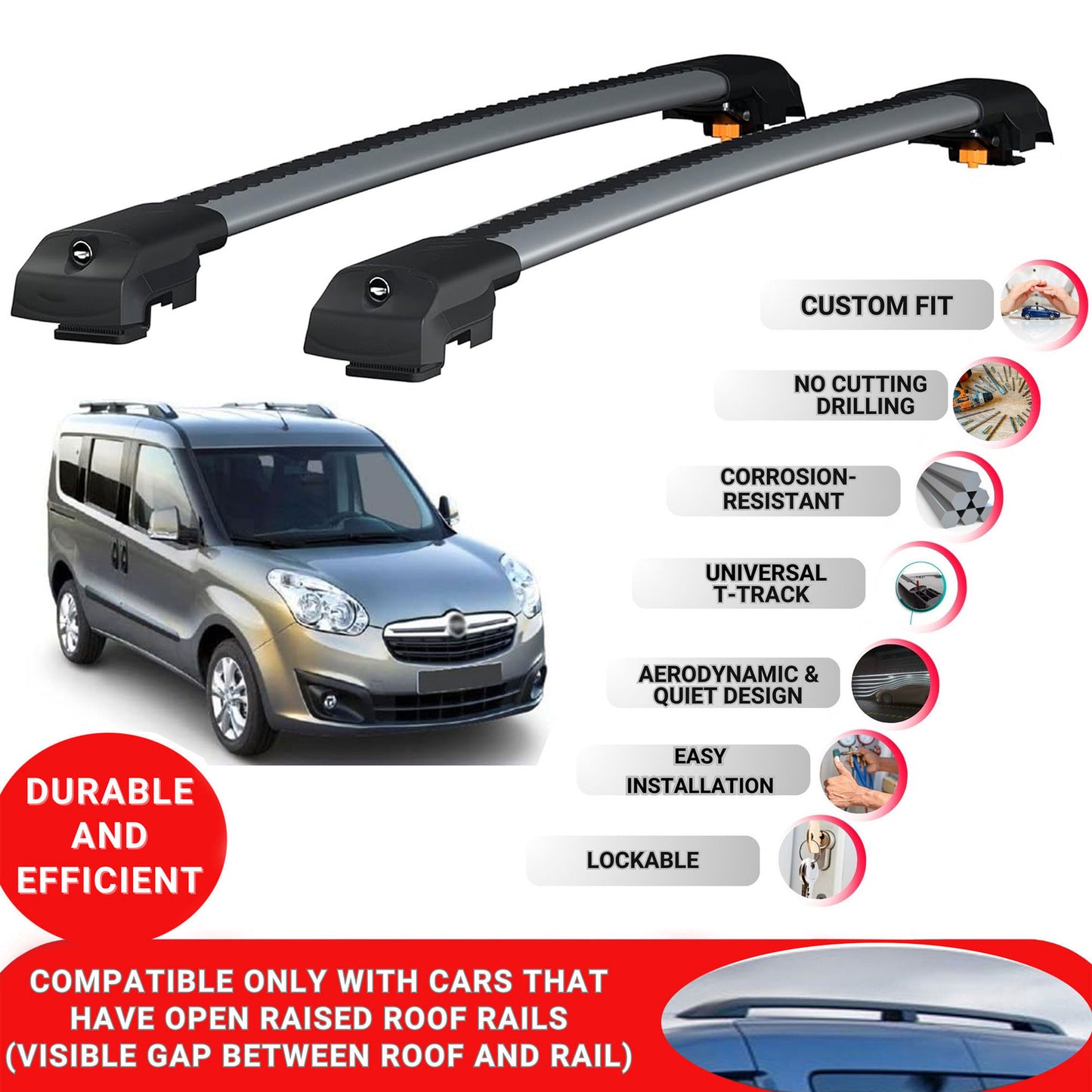 Roof Bar for Opel Combo D 2012-2018 Lockable Roof Rack Cross Bars 2 Pcs Grey