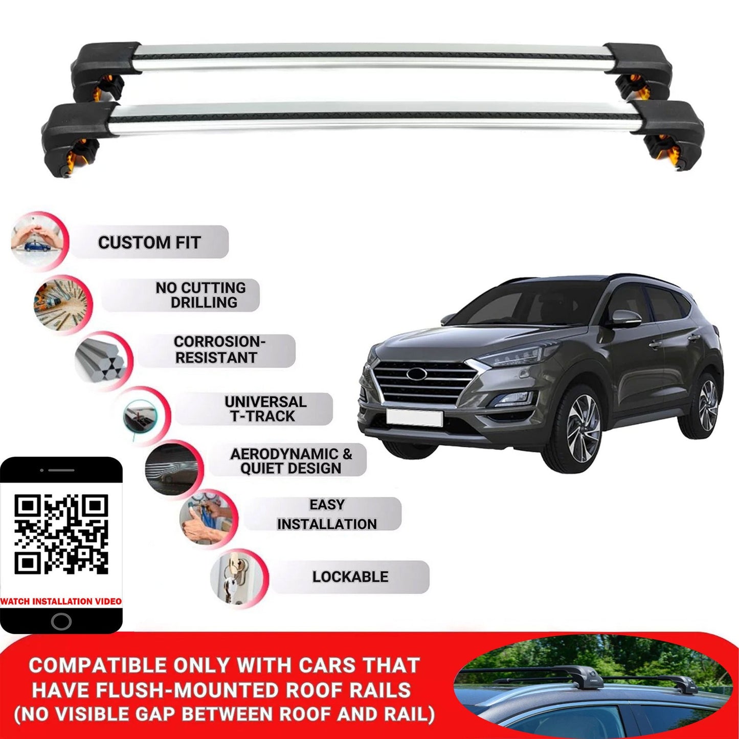 Premium Roof Bars For Hyundai Tucson Suv 2015-2021 Secure Roof Rack Cross Bar 2 Pcss Grey