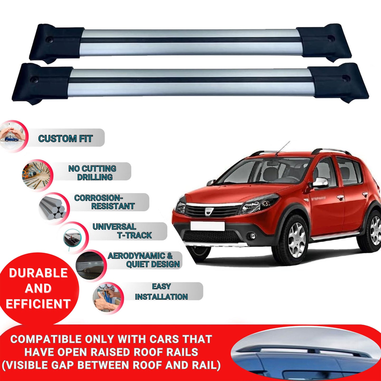 Roof Racks Cross Bars For Dacia Sandero Stepway 2008-2011 2 Pcs Grey