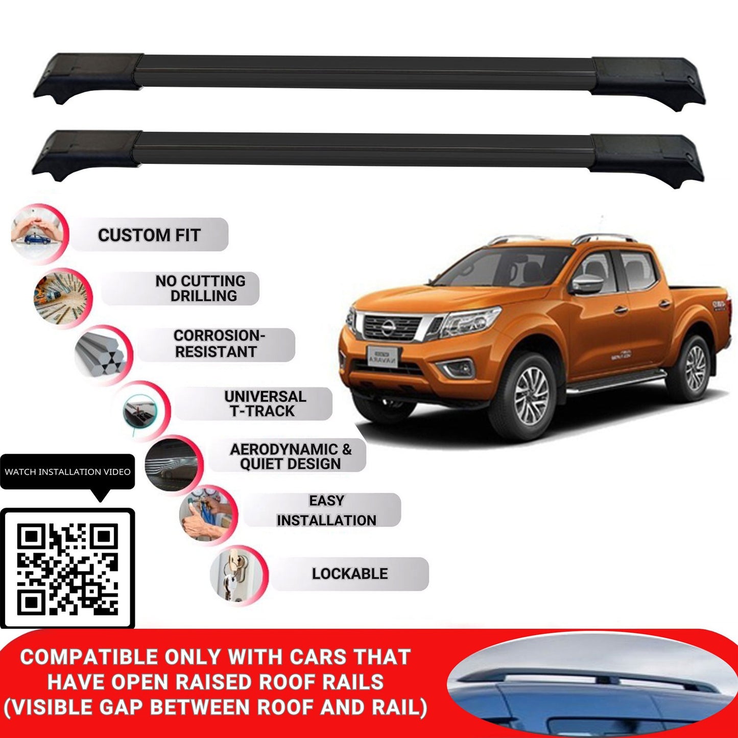 Roof Rack Cross Bars for Nissan Navara 2015+ Lockable Roof Bars 2 Pcs Black