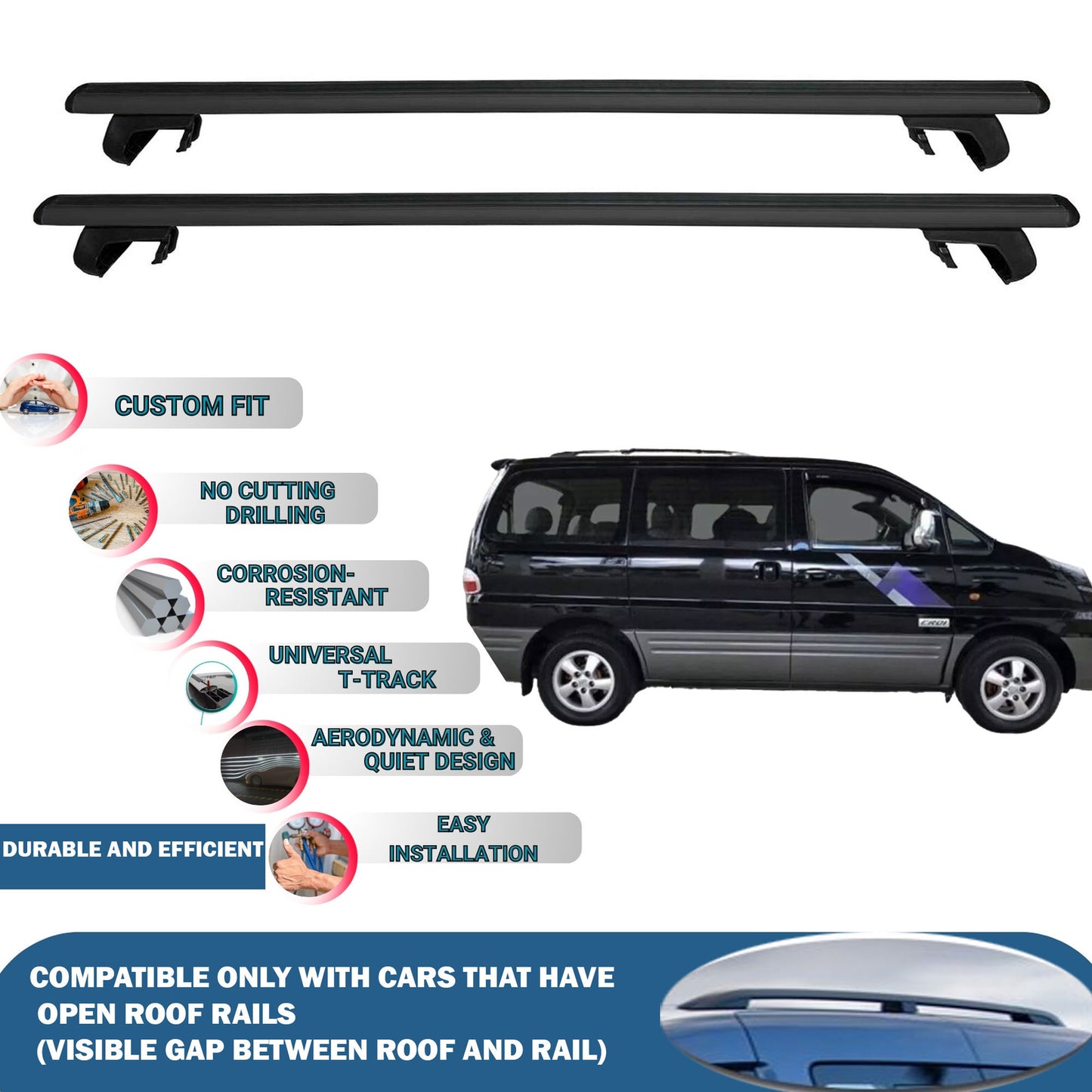 Roof Rack Cross Bars for Hyundai Starex 2008-2023 Rail Carrier for Roof Tents 2 Pcs Black