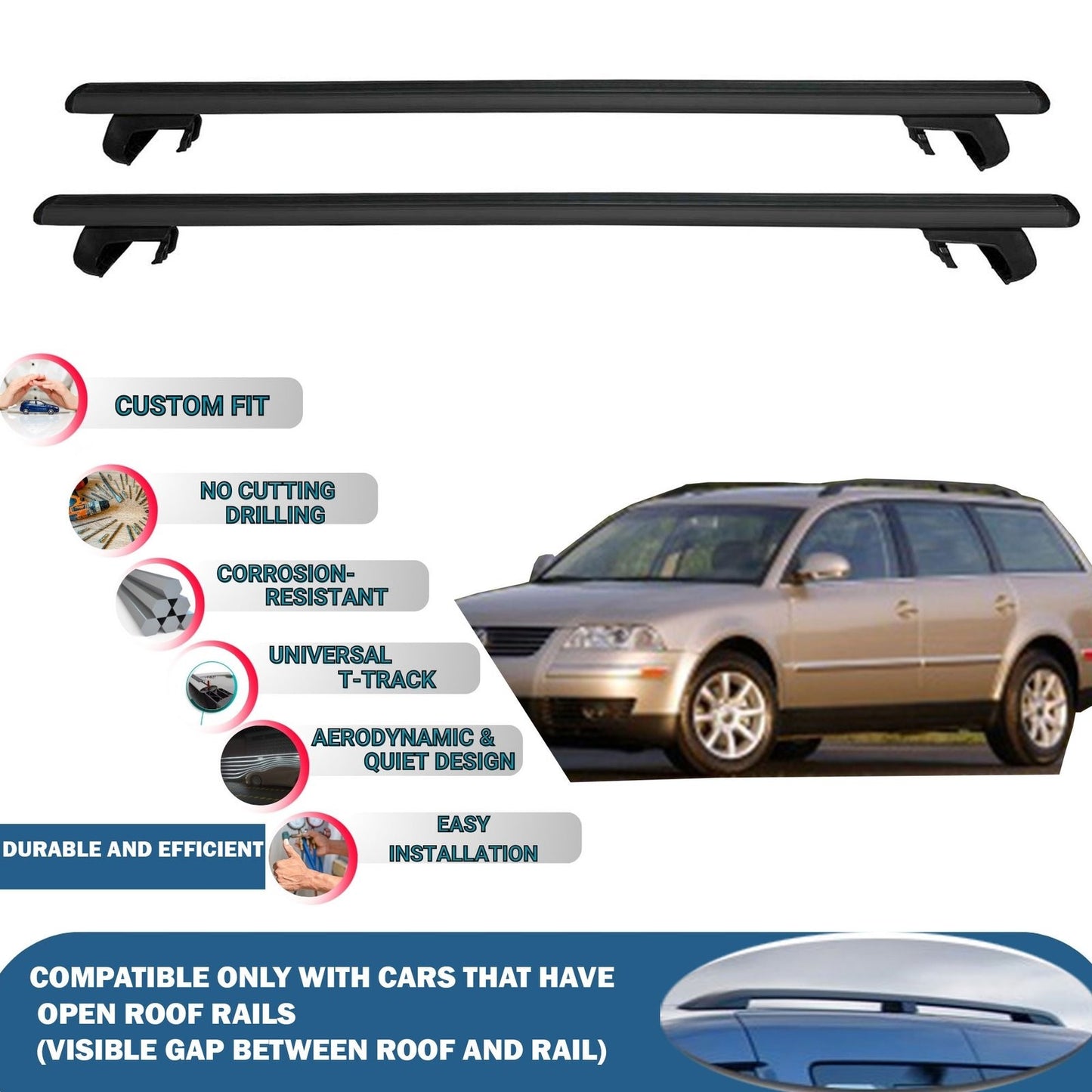 Roof Rack Cross Bars for Volkswagen Passat Variant B5 1997-2005 Rail Carrier for Roof Tents 2 Pcs Black