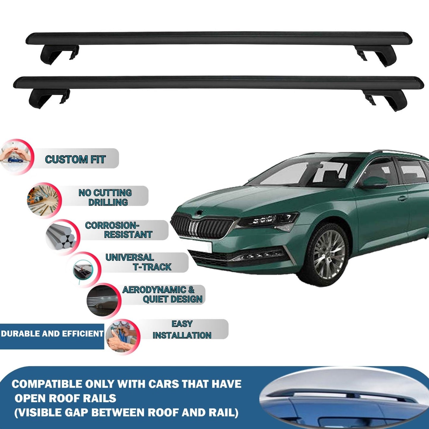 Roof Rack Cross Bars for Skoda Suberb Combi/SW 2015-2023 Rail Carrier for Roof Tents 2 Pcs Black