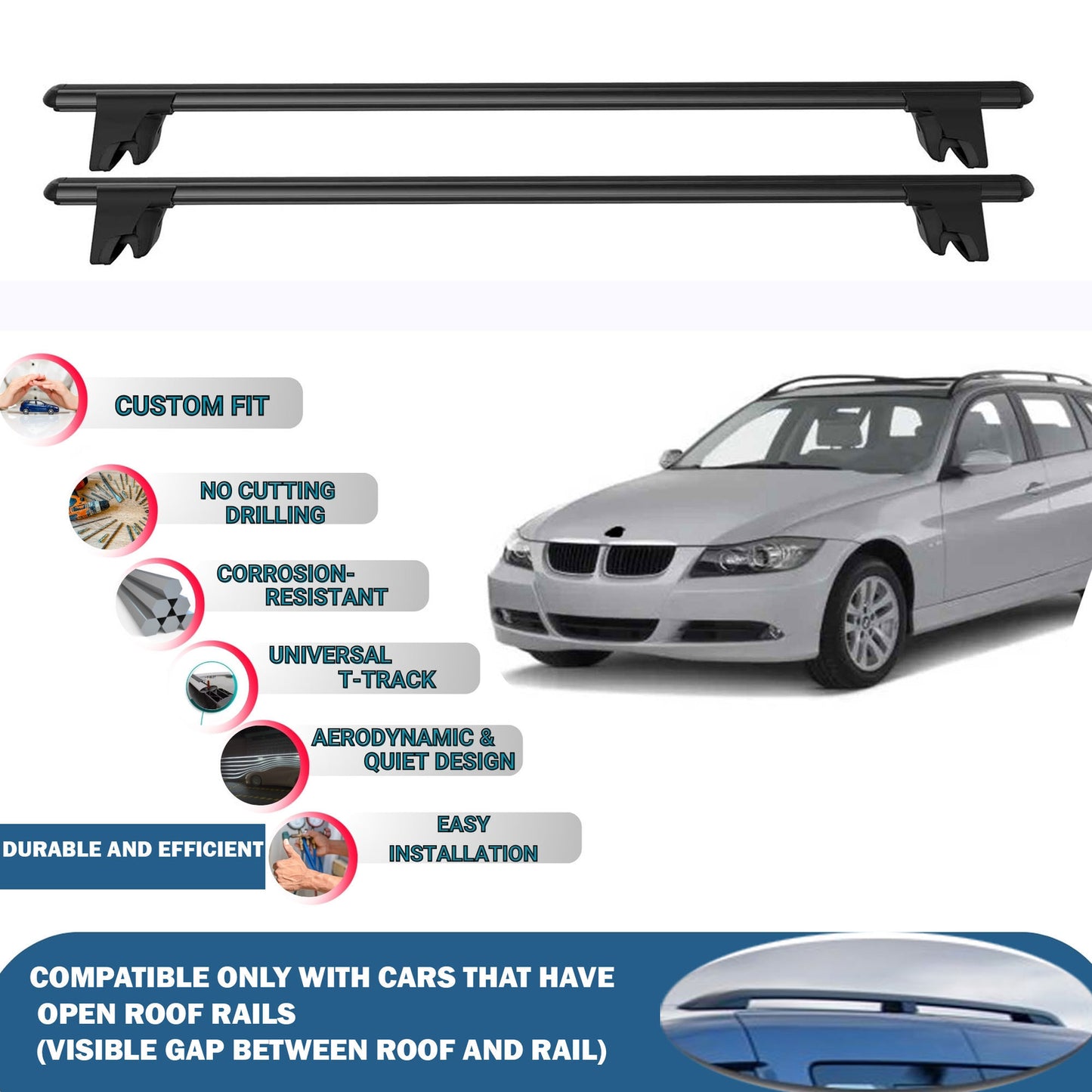 Lockable Roof Rack Cross Bars for BMW 3-Series Touring/Estate E46 2002-2005 | Heavy Duty Rail Carrier 2 Pcs Black