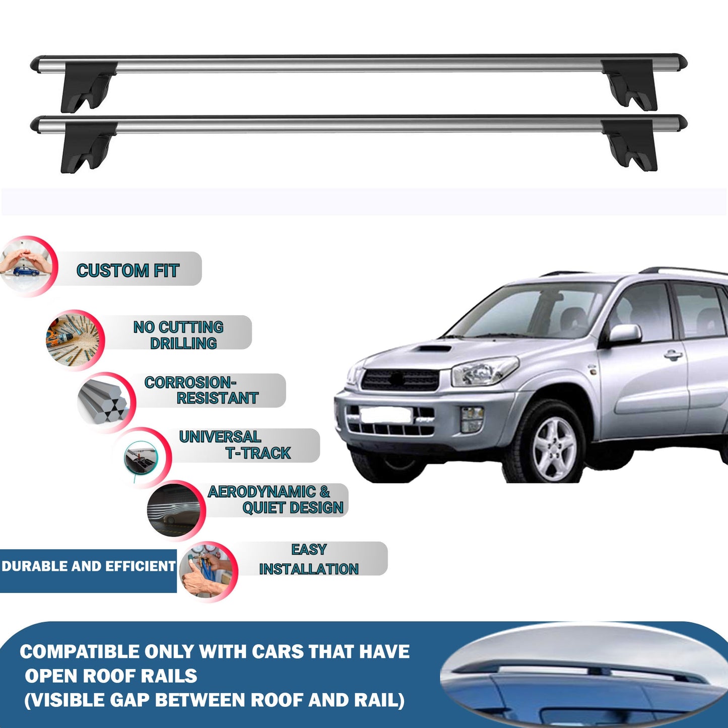 Lockable Roof Rack Cross Bars for Toyota Rav4 XA 2000-2005 | Heavy Duty Rail Carrier 2 Pcs Grey