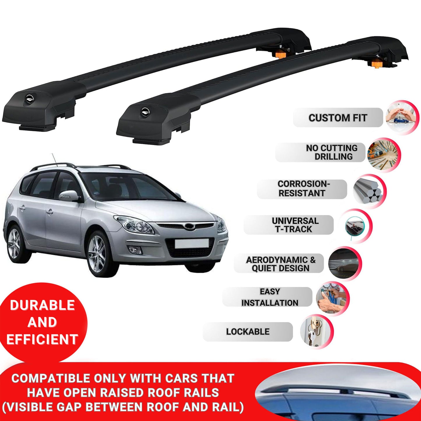 Roof Bar for Hyundai i30 2007-2011 Lockable Roof Rack Cross Bars 2 Pcs Black