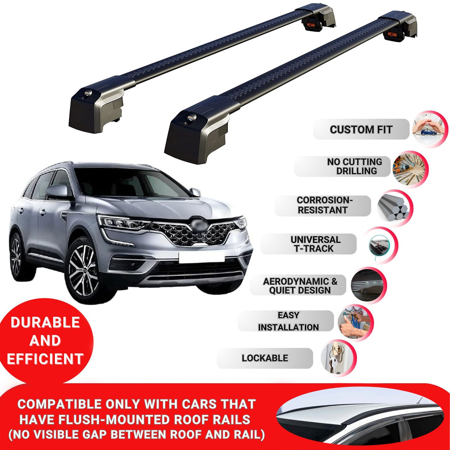 Roof Bars Rack for Renault Samsung QM6 2017+ Lockable Rail Carrier 2 Pcs Black