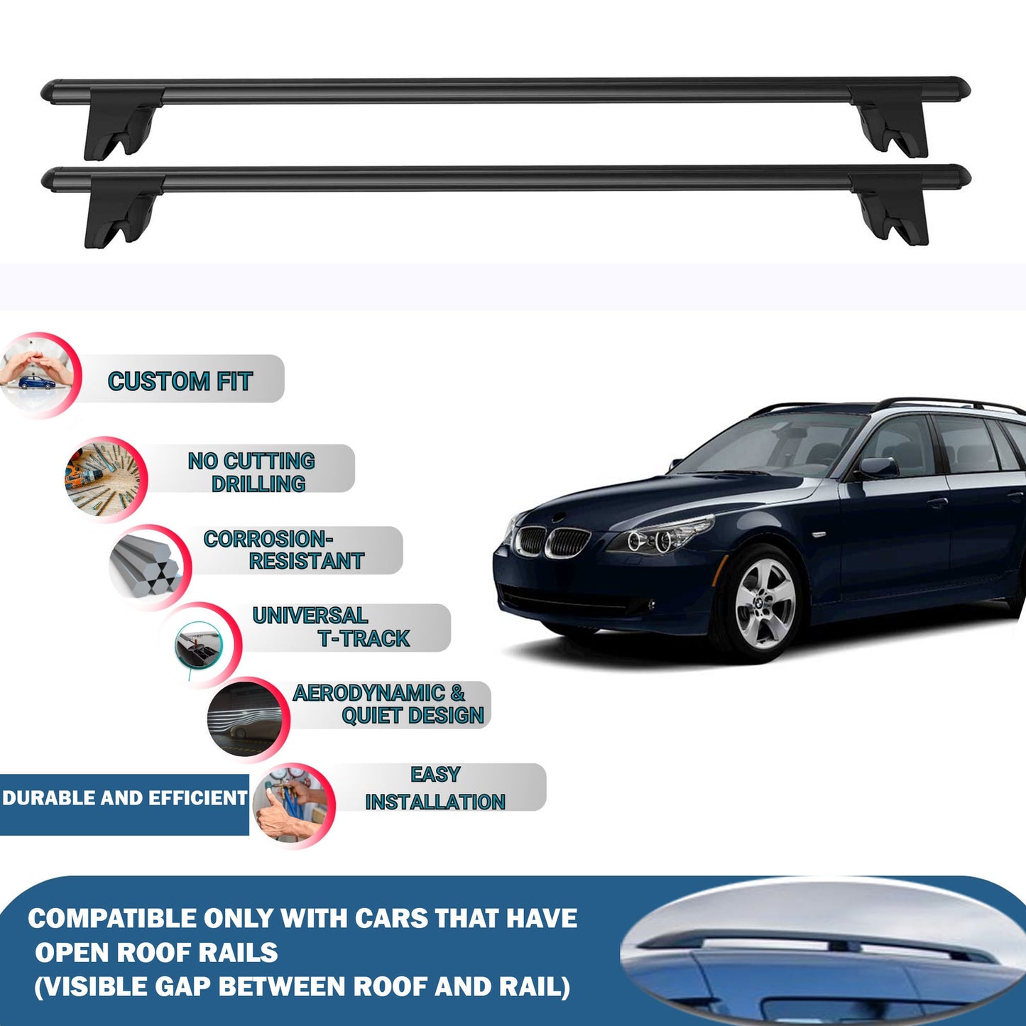 Lockable Roof Rack Cross Bars for BMW 5 Series E61 Touring 2004-2010 | Heavy Duty Rail Carrier 2 Pcs Black