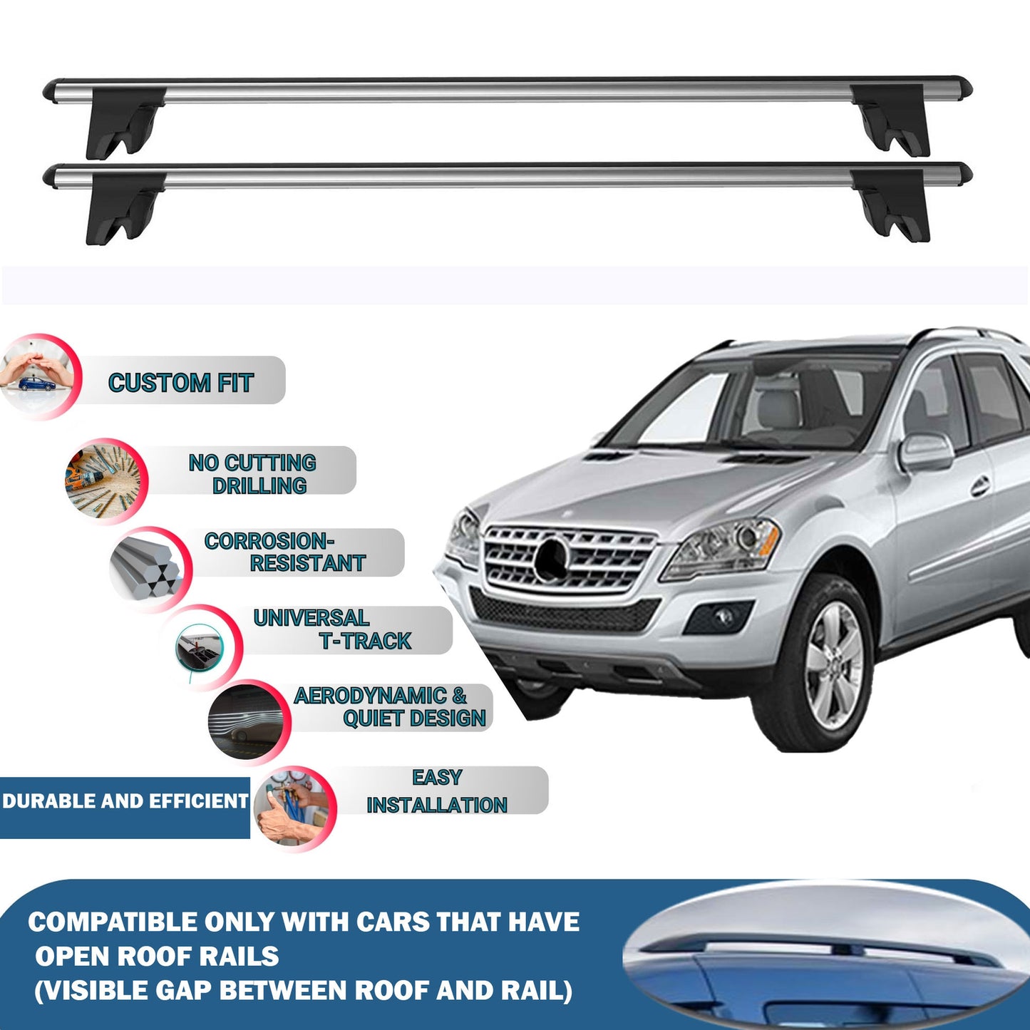 Lockable Roof Rack Cross Bars for Mercedes W164 Suv 2005-2011 | Heavy Duty Rail Carrier 2 Pcs Grey