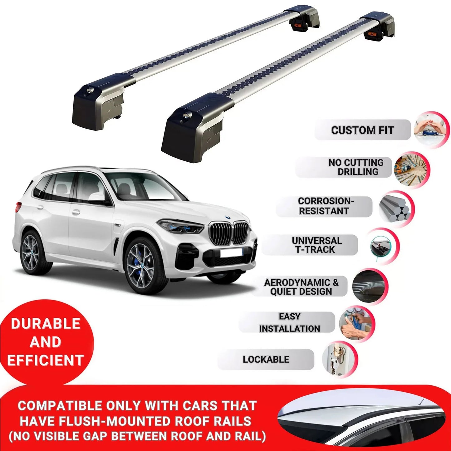 Roof Bars Rack for Bmw X5 05/G18/F95 2019+ Lockable Rail Carrier 2 Pcs Grey