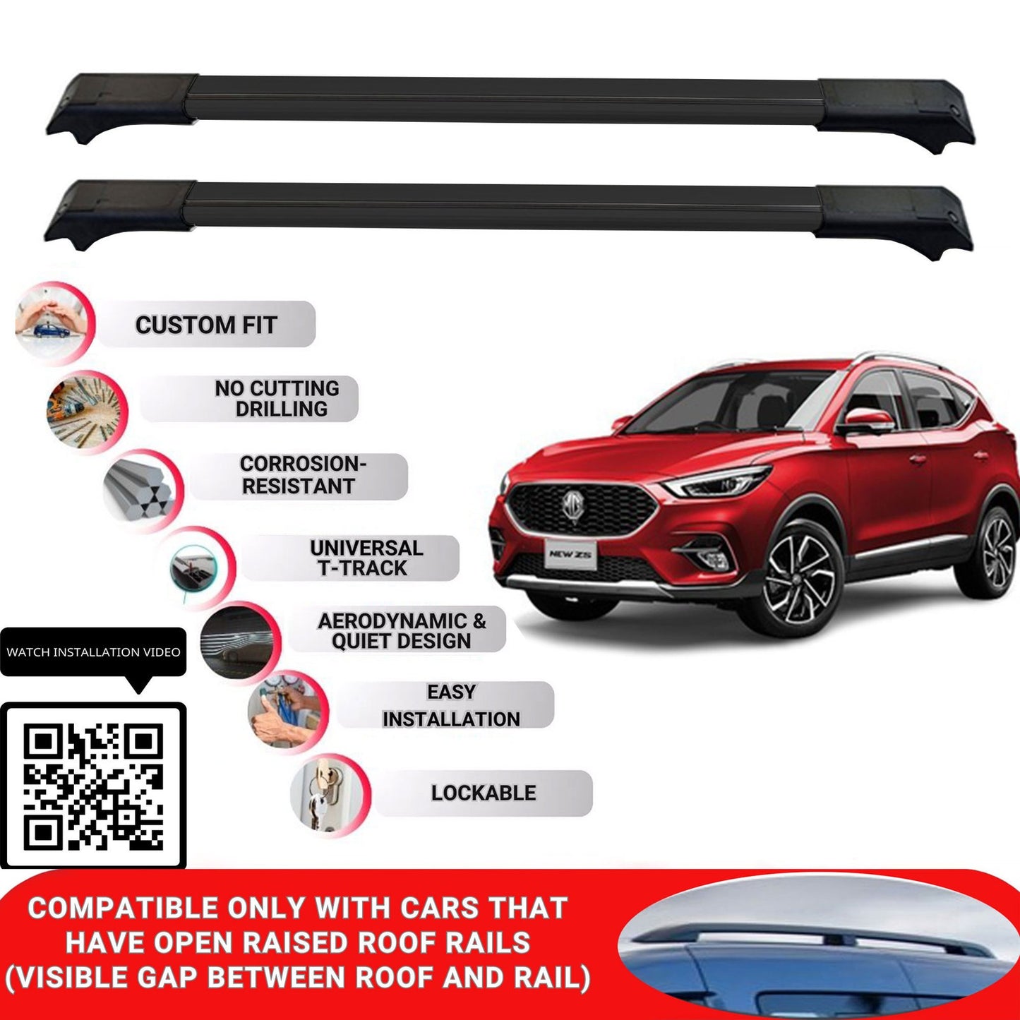 Roof Rack Cross Bars for Mg Zs Suv 2018 Onwards Lockable Roof Bars 2 Pcs Black