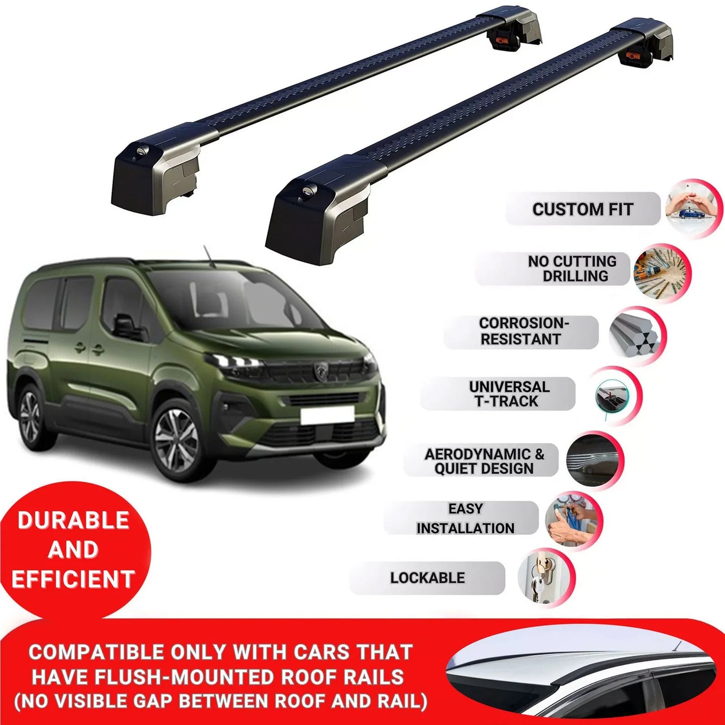 Roof Bars Rack for Peugeot Rifter 2024+ Lockable Rail Carrier 2 Pcs Black
