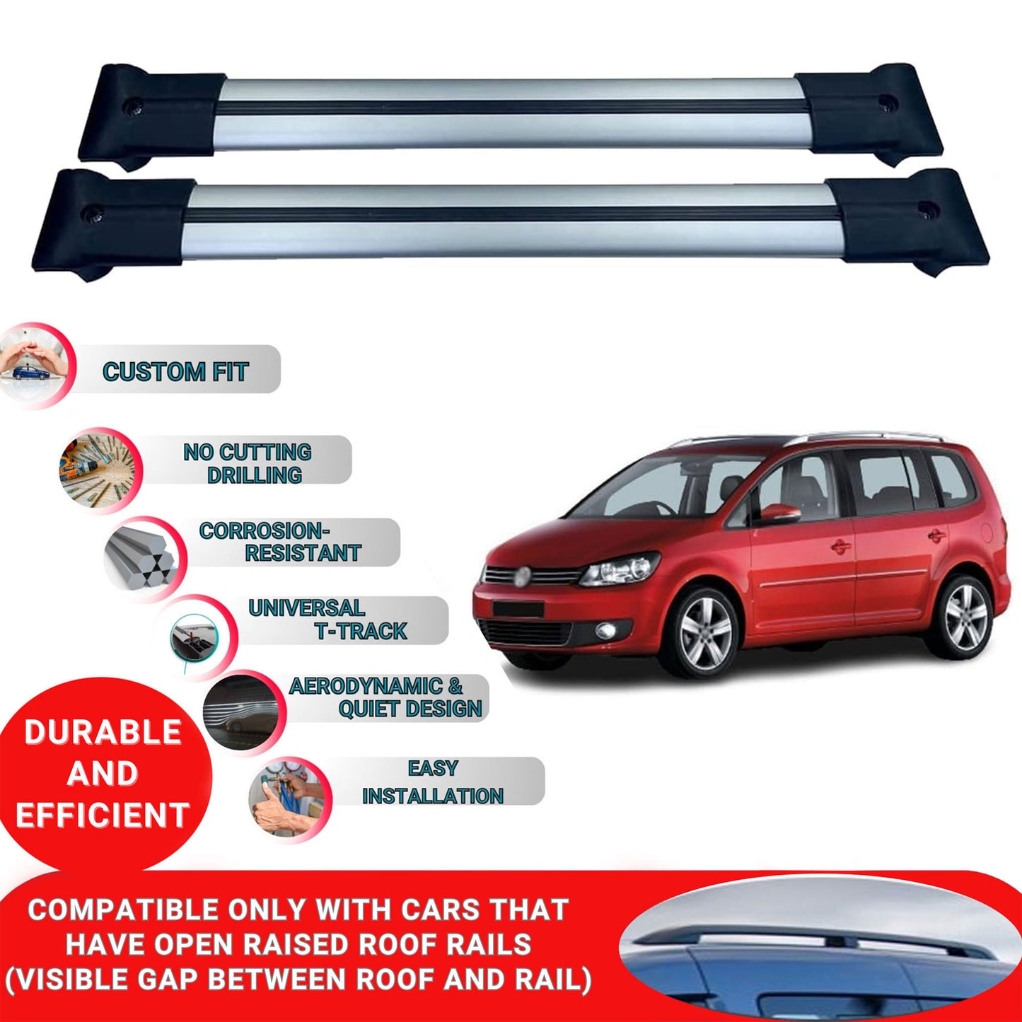 Roof Racks Cross Bars For Vw Touran 2003-2015 2 Pcs Grey