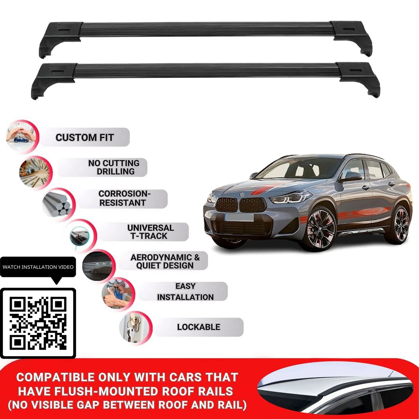 Roof Bars for Bmw X2 F39 2018-2023 Lockable Roof Rack Cross Bars 2 Pcs Black
