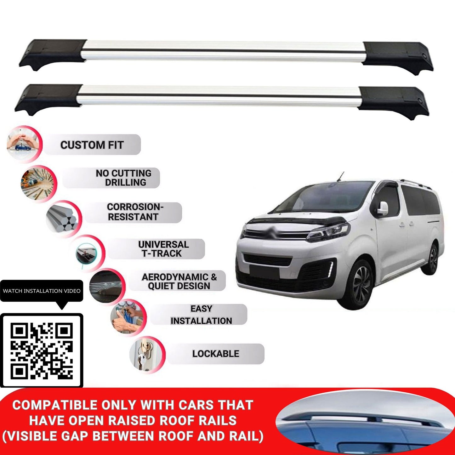 Roof Rack Cross Bars for Citroen Space Tourer 2016+ Lockable Roof Bars 2 Pcs Grey