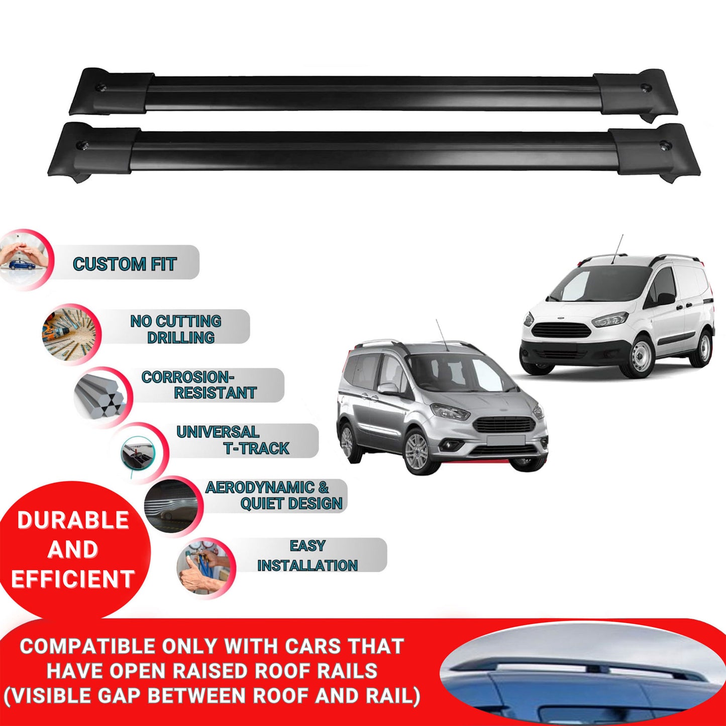 Roof Racks Cross Bars For Ford Tourneo Courier Van 2014-2016 2 Pcs Black