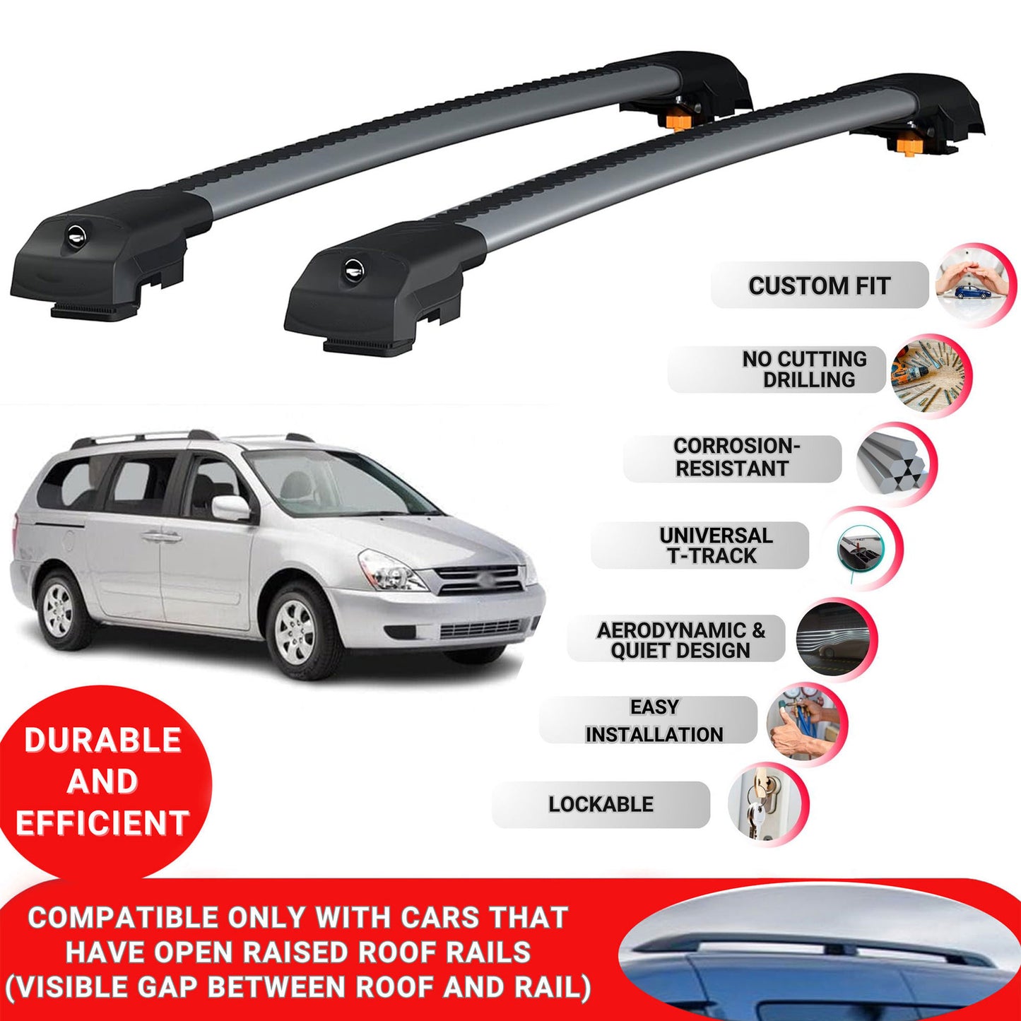 Roof Bar for Kia Sedona 2006-2014 Lockable Roof Rack Cross Bars 2 Pcs Grey