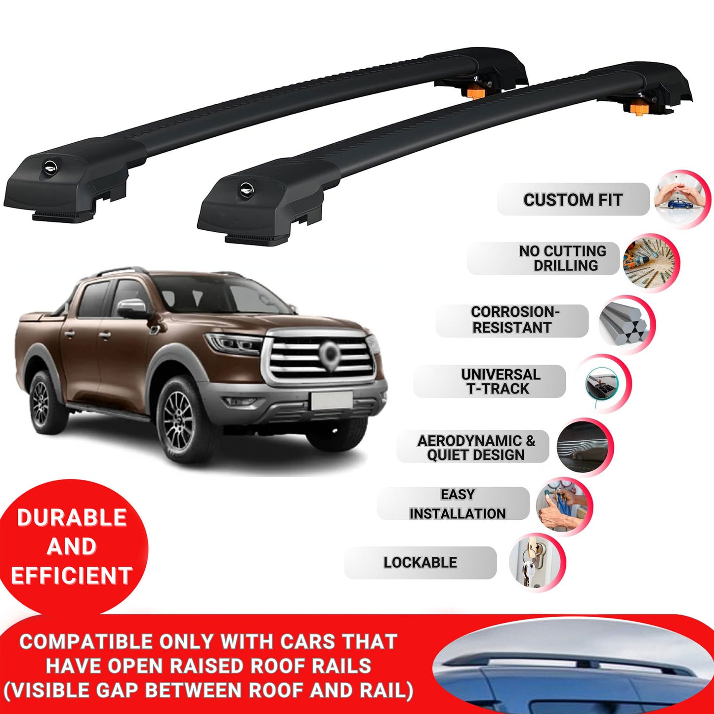 Roof Bar for Great Wall Poer 2019-2024 Lockable Roof Rack Cross Bars 2 Pcs Black