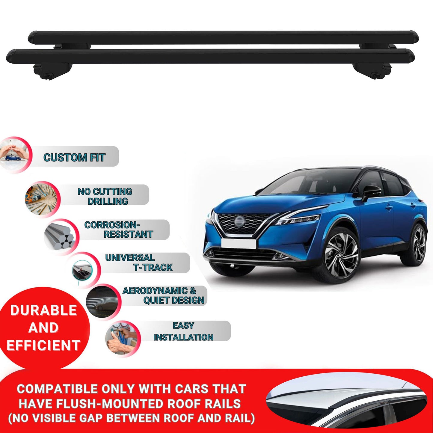 Roof Bars For Nissan Qashqai J12 2021 Onwards Roof Rack Cross Bars 2 Pcs Black