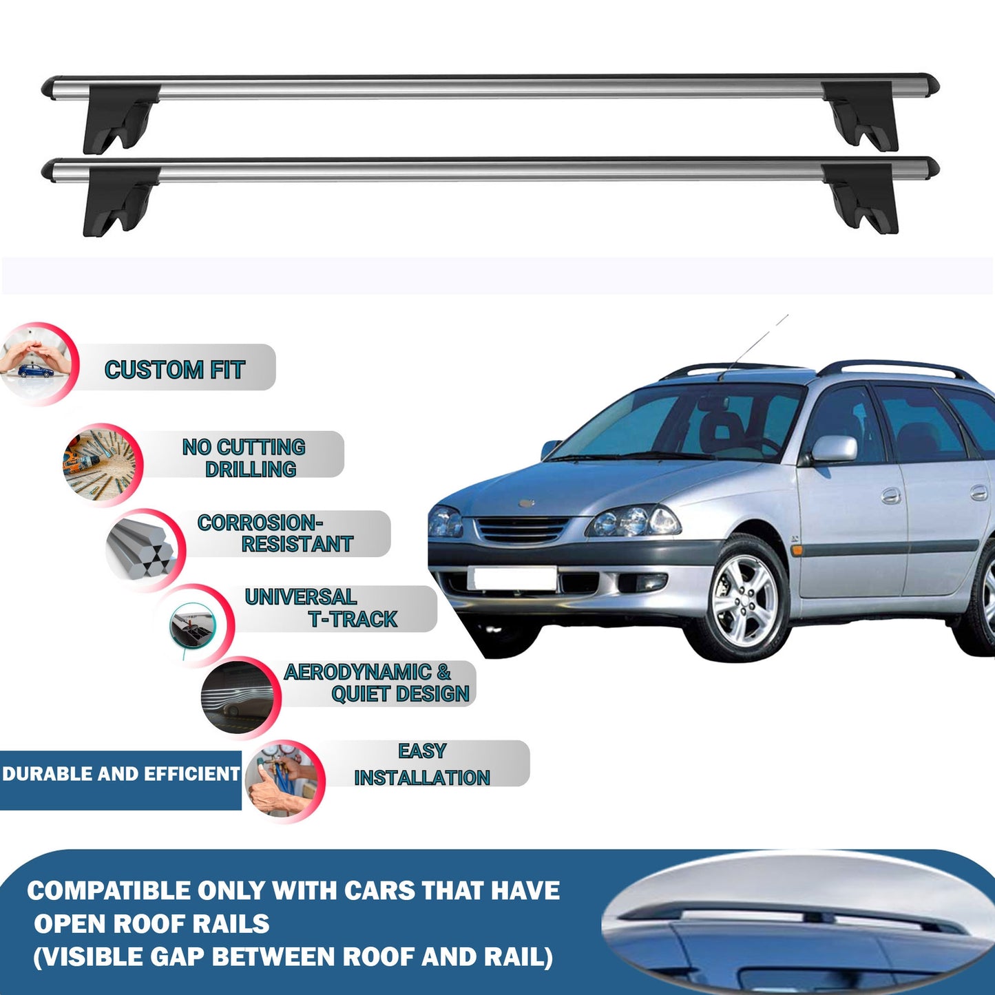 Lockable Roof Rack Cross Bars for Toyota Avensis Estate 1997-2002 | Heavy Duty Rail Carrier 2 Pcs Grey