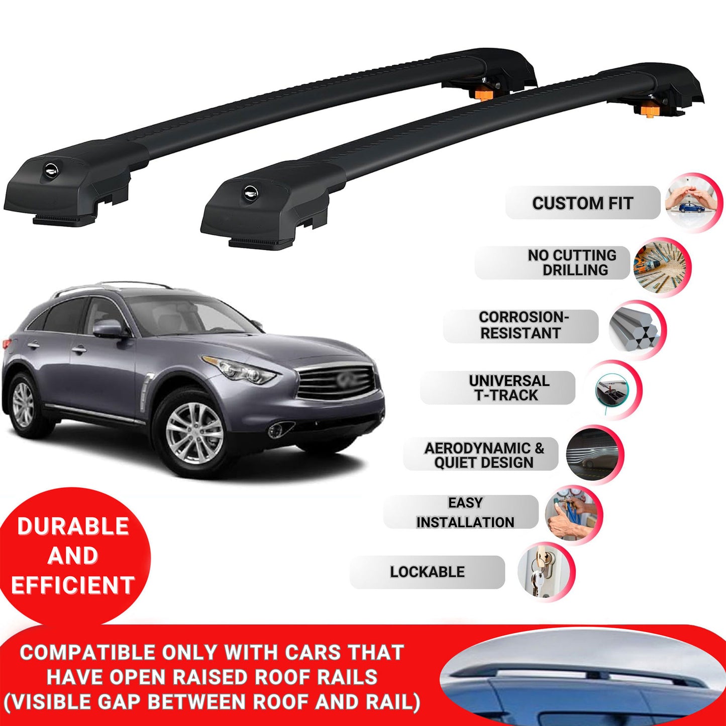 Roof Bar for Infiniti Fx S51 2008-2013 Lockable Roof Rack Cross Bars 2 Pcs Black