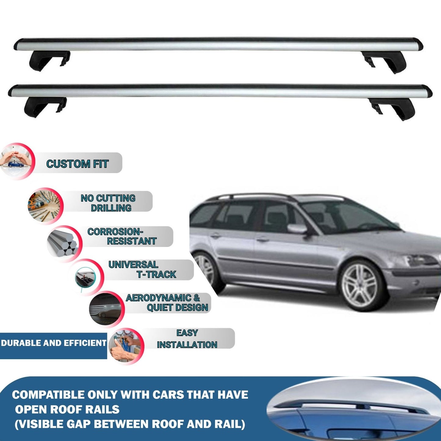 Roof Rack Cross Bars for BMW 3-Series Touring/Estate E36 1996-1999 Rail Carrier for Roof Tents 2 Pcs Grey