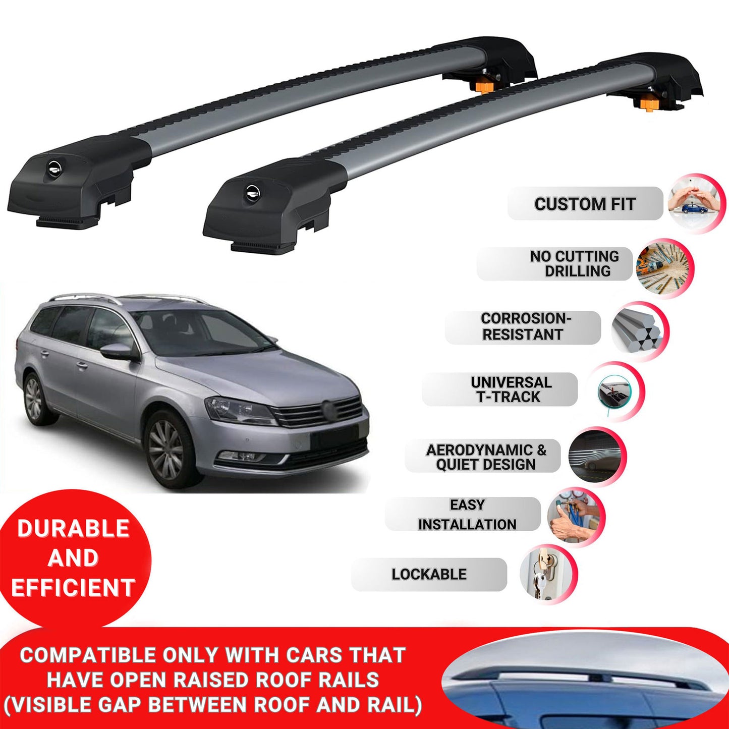 Roof Bar for Volkswagen Passat B7 2010-2014 Lockable Roof Rack Cross Bars 2 Pcs Grey