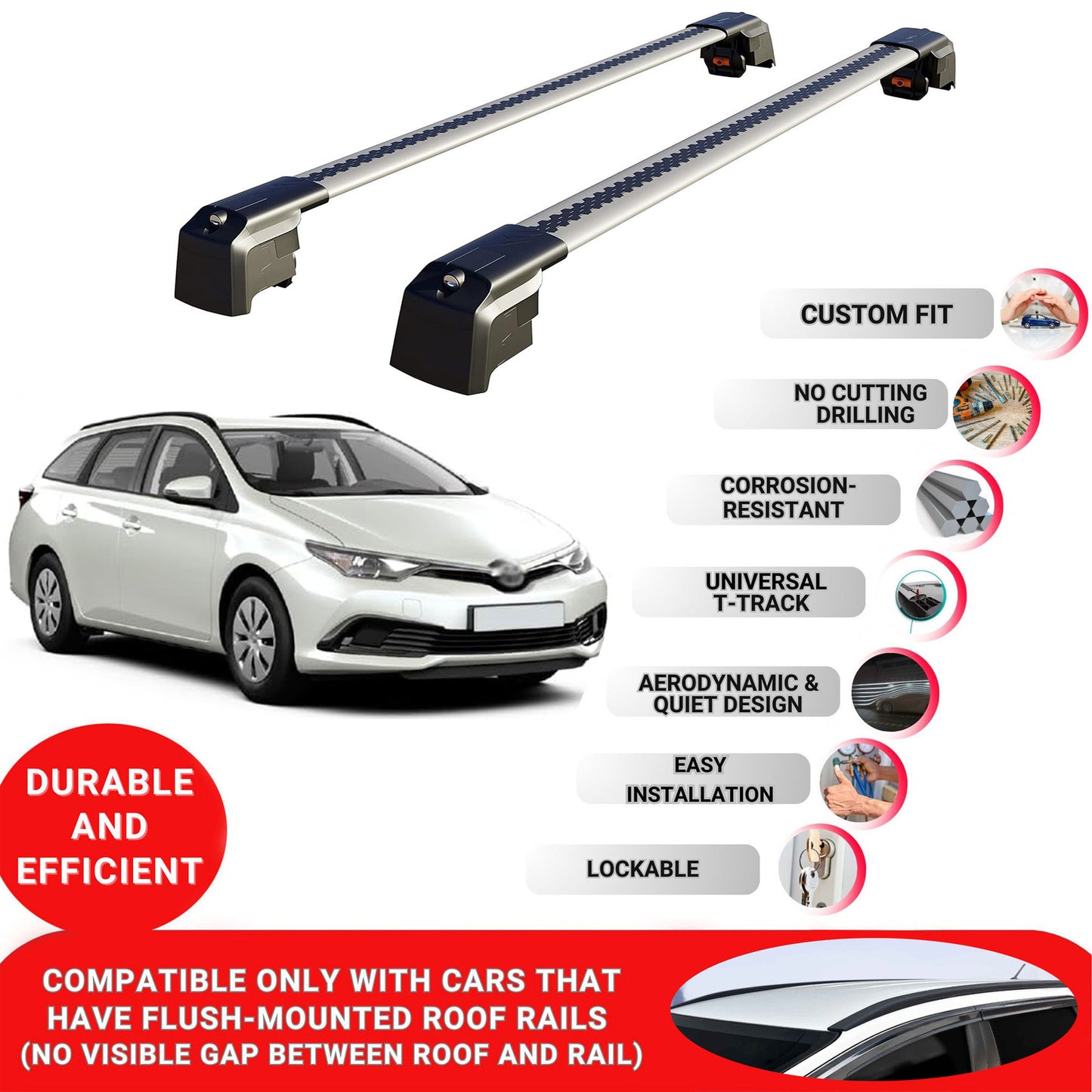 Roof Bars Rack for Toyota Auris Touring Sports E180 2012-2018 Rail Carrier 2 Pcs Grey