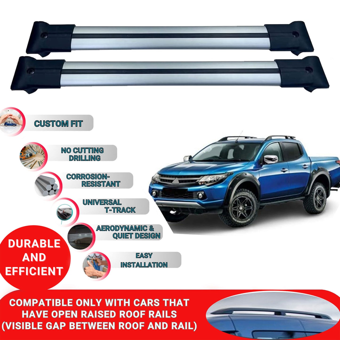 Roof Racks Cross Bars For Mitsubishi L200 2015-2023 2 Pcs Grey