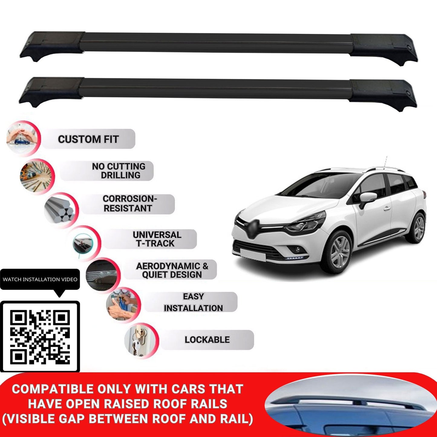 Roof Rack Cross Bars for Renault Clio 4 2013-2020 Lockable Roof Bars 2 Pcs Black