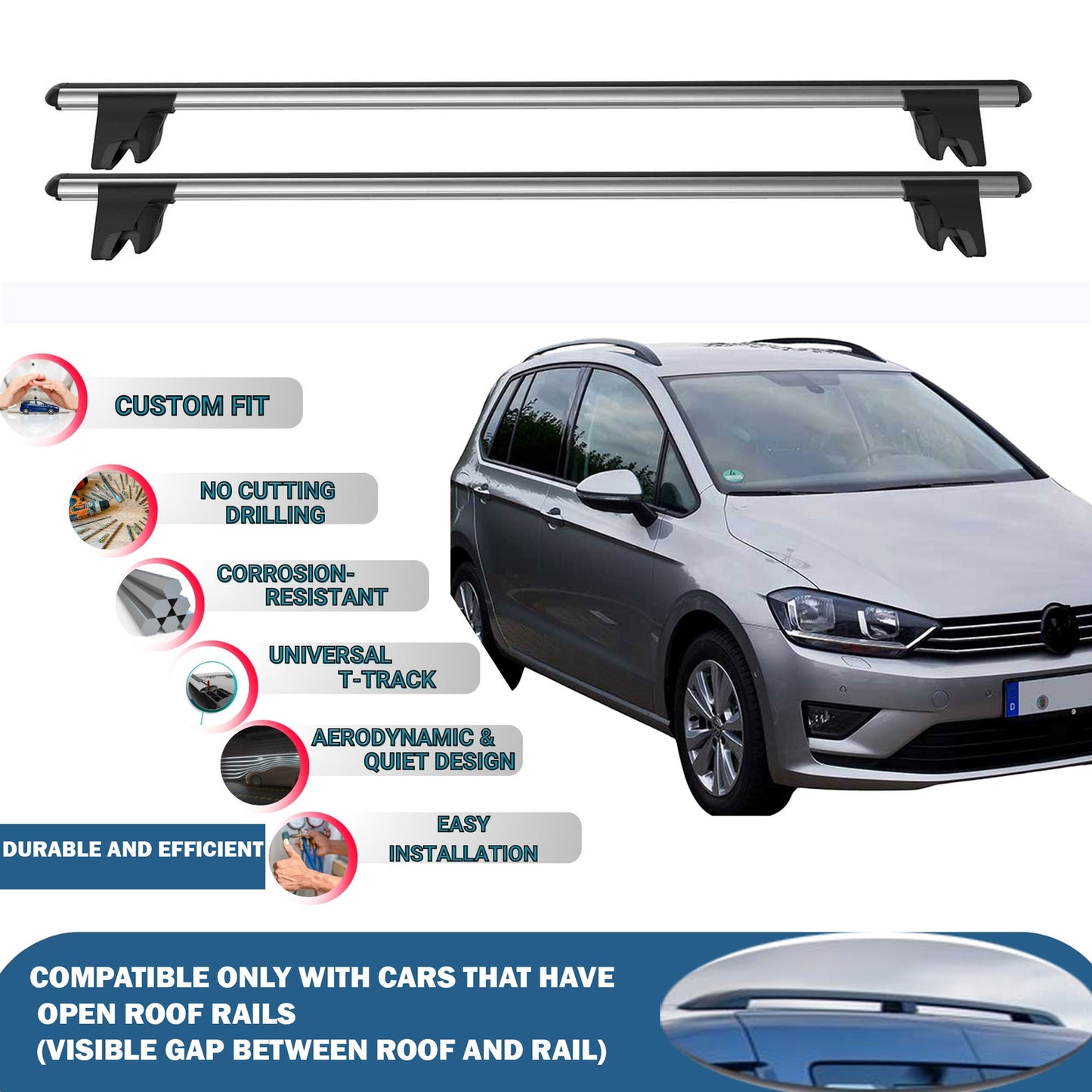 Lockable Roof Rack Cross Bars for Vw Golf VII Sportsvan 2014-2020 | Heavy Duty Rail Carrier 2 Pcs Grey