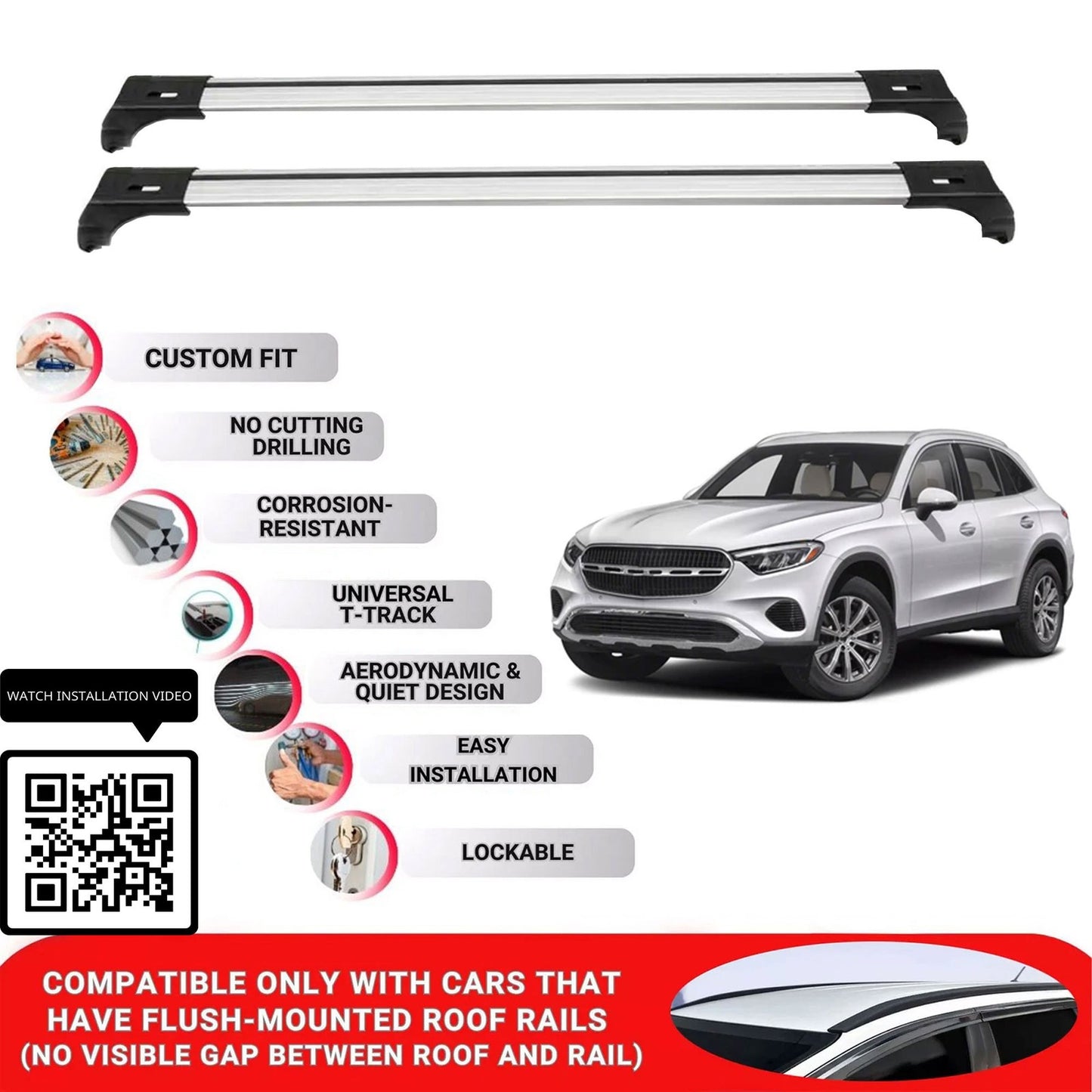Roof Bars for Mercedes Glc 2023+ Lockable Roof Rack Cross Bars 2 Pcs Grey