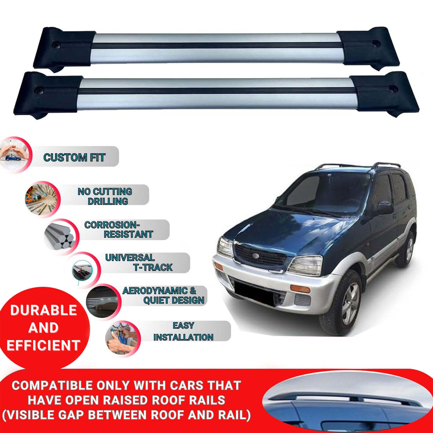 Roof Racks Cross Bars For Daihatsu Terios 1997-2005 2 Pcs Grey