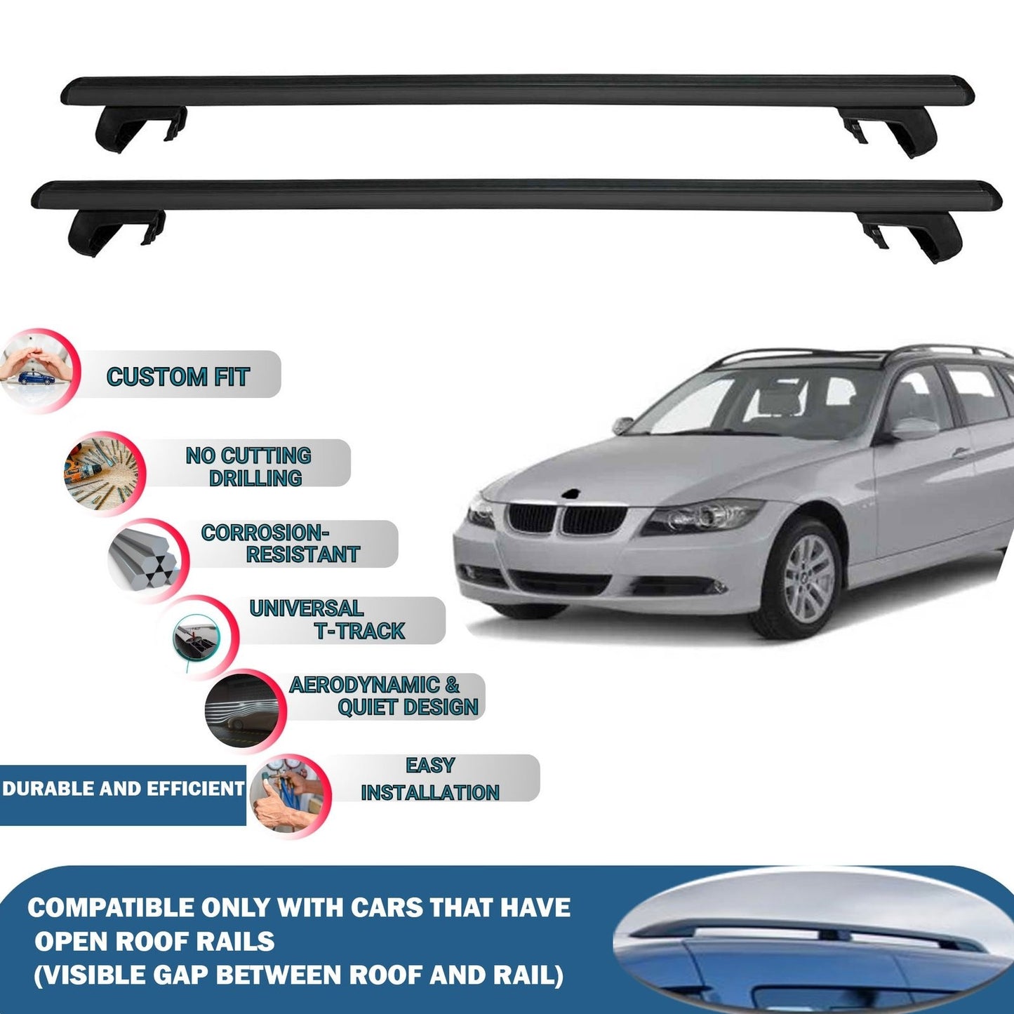 Roof Rack Cross Bars for BMW 3-Series Touring/Estate E46 2002-2005 Rail Carrier for Roof Tents 2 Pcs Black