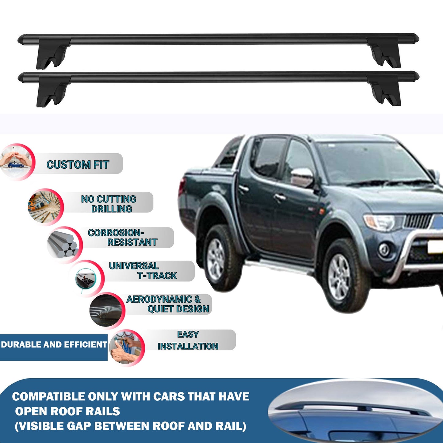 Lockable Roof Rack Cross Bars for Mitsubishi Triton L200 2005-2015 | Heavy Duty Rail Carrier 2 Pcs Black