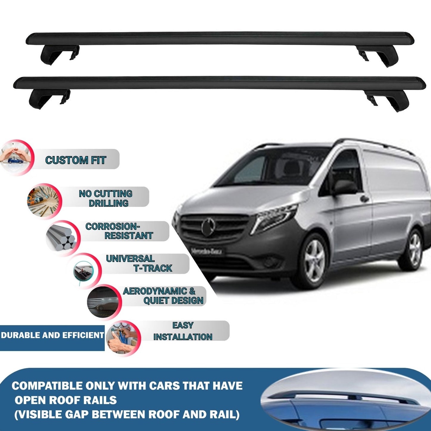 Roof Rack Cross Bars for Mercedes Benz Vito W447 2014-2020 Rail Carrier for Roof Tents 4 Pcs Black