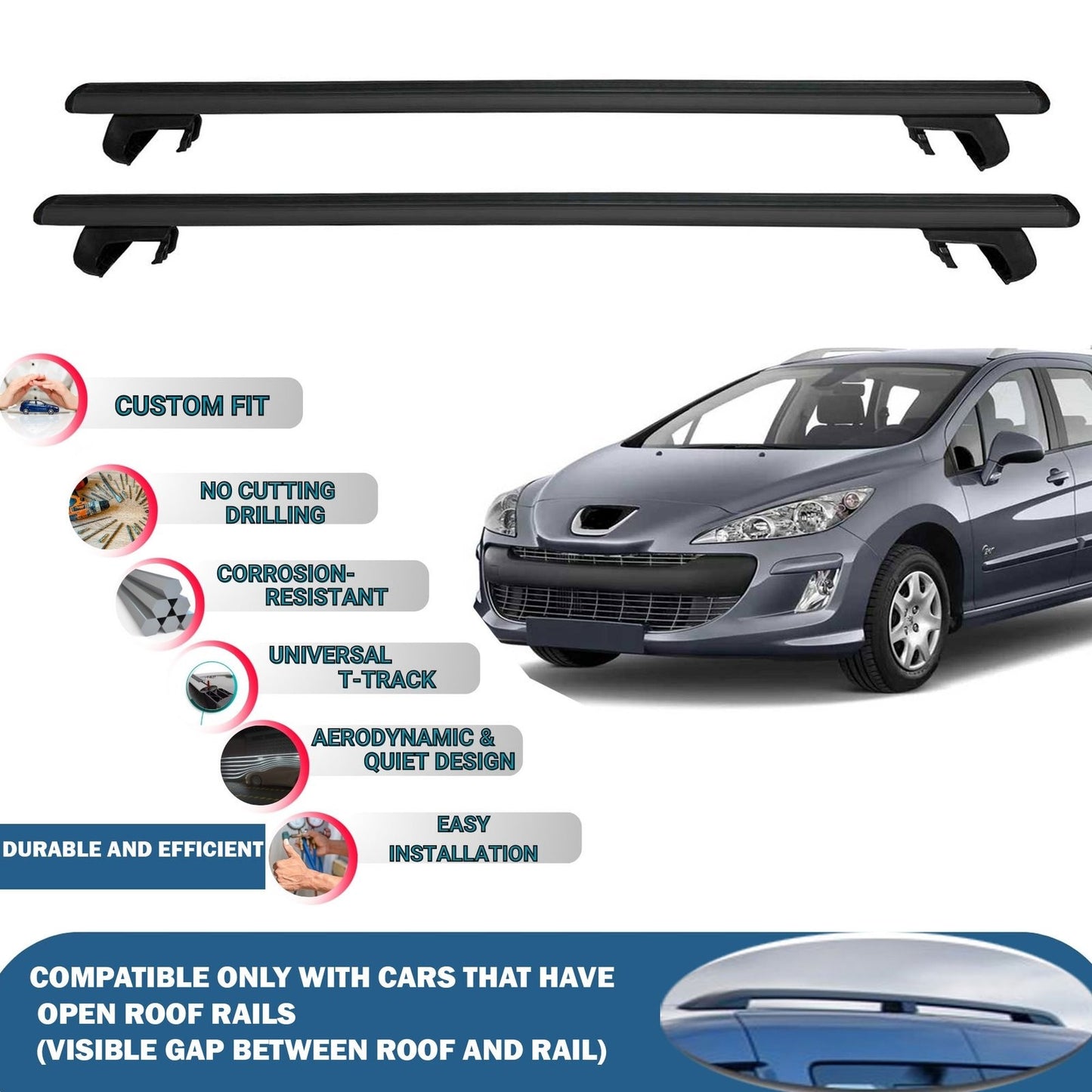 Roof Rack Cross Bars for Peugeot 308 SW 2008-2014 Rail Carrier for Roof Tents 2 Pcs Black