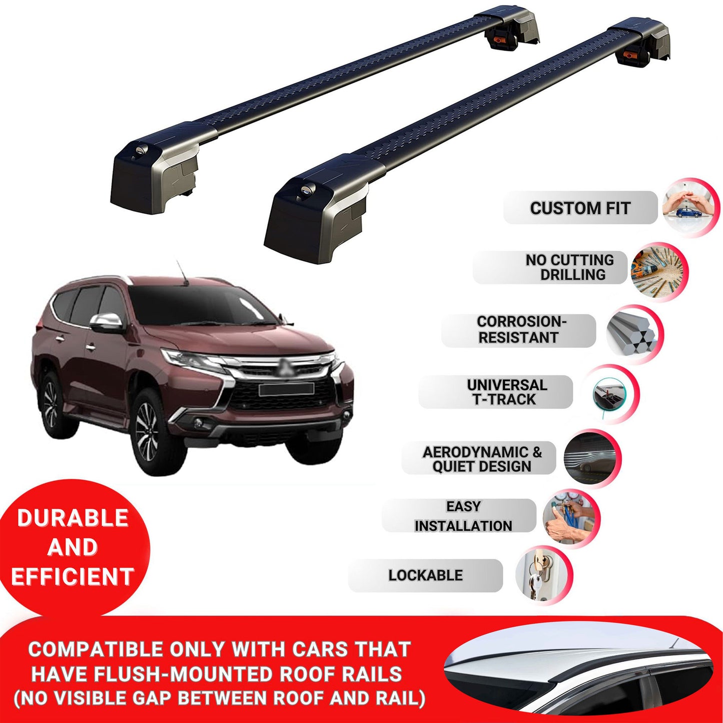 Roof Bars Rack for Mitsubishi Pajero Sport 2016-2022 Lockable Rail Carrier 2 Pcs Black