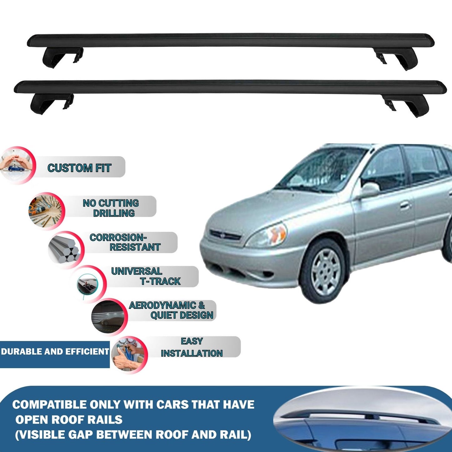 Roof Rack Cross Bars for Kia Rio SW 2000-2005 Rail Carrier for Roof Tents 2 Pcs Black