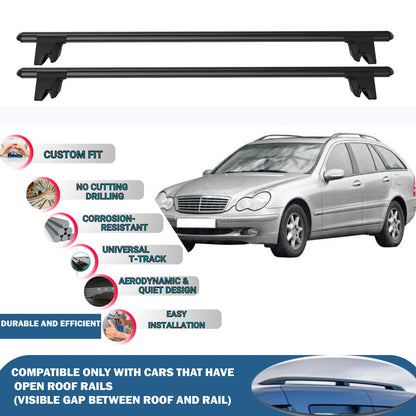 Lockable Roof Rack Cross Bars for Mercedes C Class S203 SW 2000-2007 | Heavy Duty Rail Carrier 2 Pcs Black