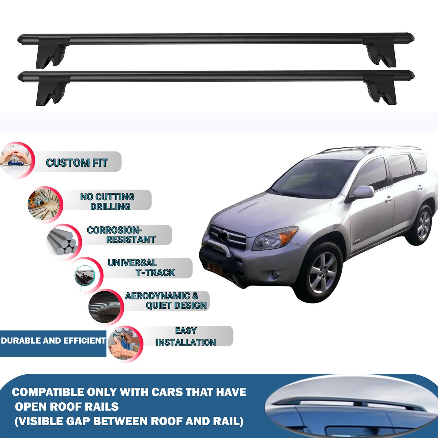 Lockable Roof Rack Cross Bars for Toyota Rav4 XA 2006-2012 | Heavy Duty Rail Carrier 2 Pcs Black